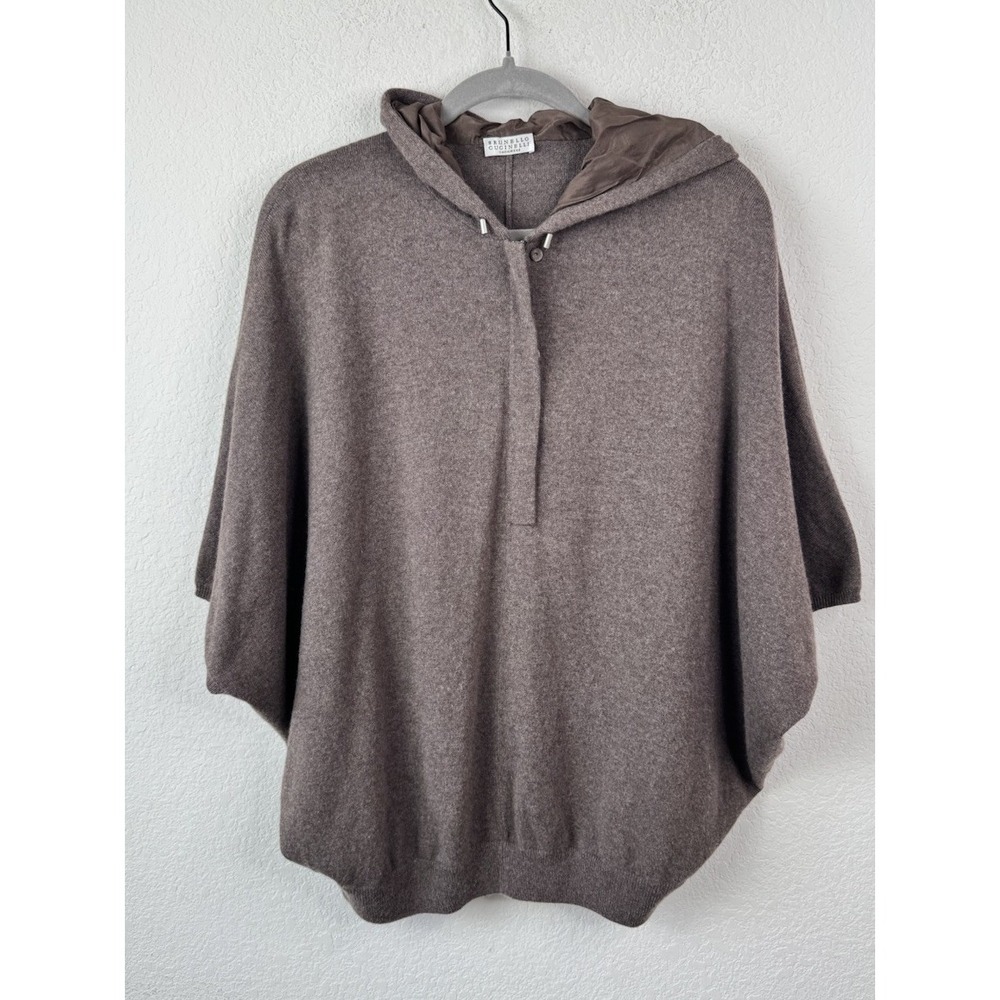 Brunello Cucinelli 100% Cashmere Hooded‎ Poncho Cape Sweater Taupe Made In Italy